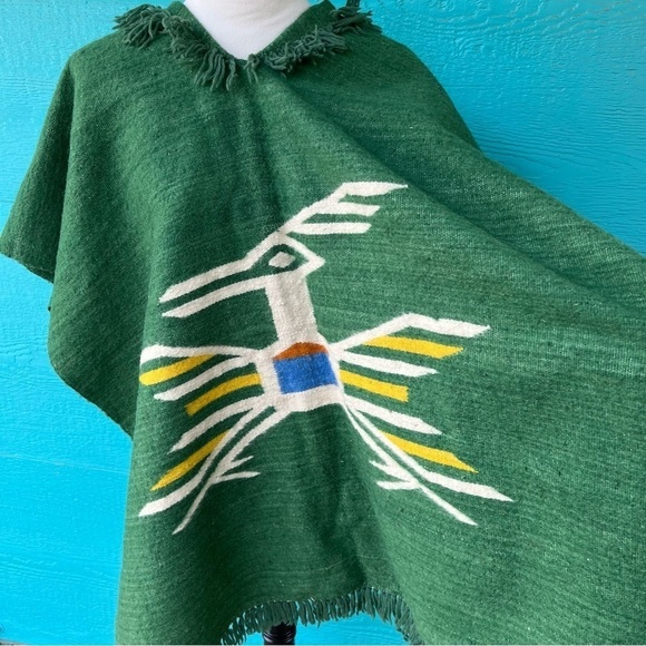 VINTAGE WOOL HAND LOOMED ROADRUNNER BIRD GREEN PONCHO EUC OSFA - Picture 7 of 7